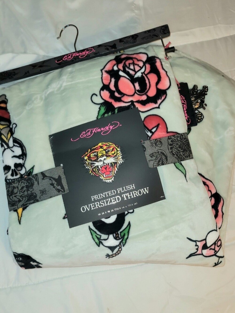 Ed Hardy White Plush Oversized Throw with Pink Rose and Multicolor Tiger Graphic